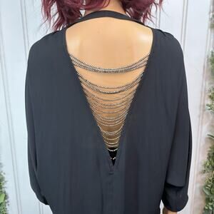 Batwing Top MEDIUM Black Sheer Night Out Blouse Open Back Beading Club Street